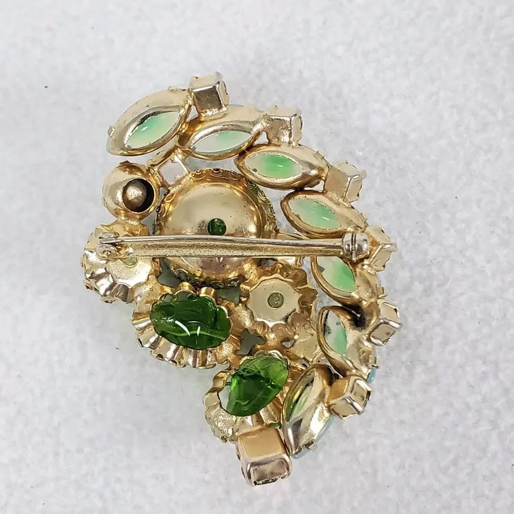 Vintage MCM Green Rhinestone Gold Tone Brooch and Earrings Set